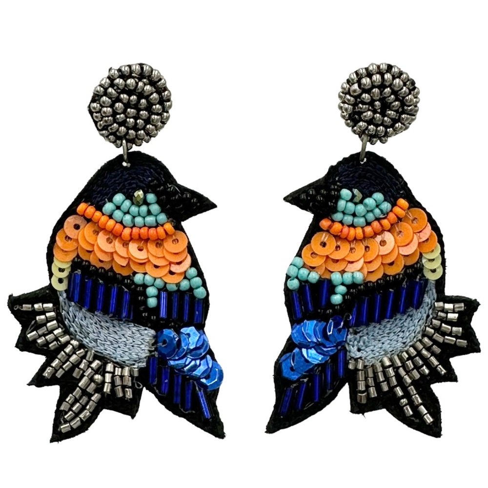 Quirky Oriole Bird Beaded Post Drop Statement Earrings